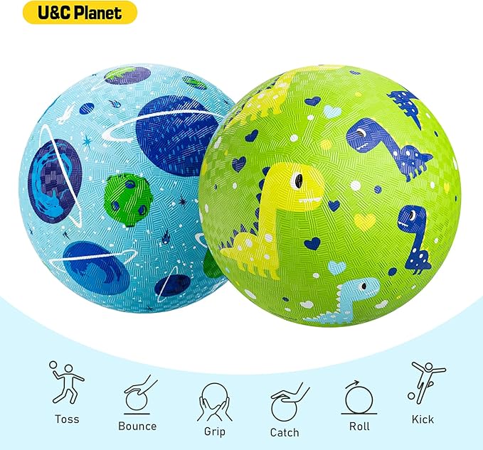 U&C Planet Playground Balls for Toddlers 1-3, 2 Pack 6 inch 8.5 inch Kickball for Kids Outdoor Indoor, Catoon Rubber Balls with Pump, Child Gift for Boys Girls 1-3 3-5 5-10