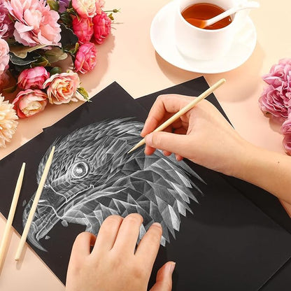 Gersoniel 200 Pieces Scratch Paper Art Set Craft Kits Black Coated Scratchboard Black Scratch Off Paper with Wooden Stylus for Valentine's Day Gifts Birthday Party Supplies