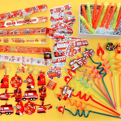 98 Firefighter Party Favors Fire Truck Birthday Supplies Straw Bubble Slap Bracelet Keychain Sticker Kid Boy Toy Accessories Fireman Party Decorations Gift Prize Goodie Bags Stuffers