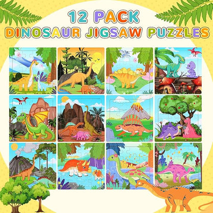 SANNIX 12 Pack Dinosaur Wooden Jigsaw Puzzles with 12 Organize Bags, Dinosaurs Animals Toddlers Puzzles for Kids Ages 3 4 5, Party Favors Educational Learning Travel Toys for Boys Girls