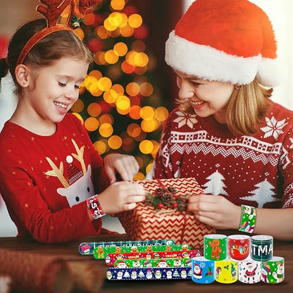 JUNEBRUSHS 56 Pack Christmas Slap Bracelets Xmas Slap Bands Wristband Christmas Party Favors Snap Bracelets Bulk for Christmas Gifts Toys Stocking Stuffers