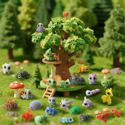 25PC Mini 3D Printed Animals Set with Shining Eyes - Articulated Desk Pets Collection, Mini Animals Figures for Classroom Rewards Bulk, Pocket Pets Fidget Toys Gift