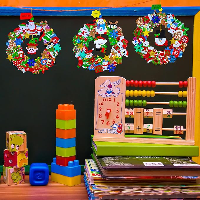 Winlyn 12 Sets Christmas Craft Kits Holiday Crafts DIY Christmas Wreath Ornaments Decorations Art Sets Xmas Snowmen Snowflake Festive Winter Foam Stickers Arts and Crafts for Kids Classroom Activities