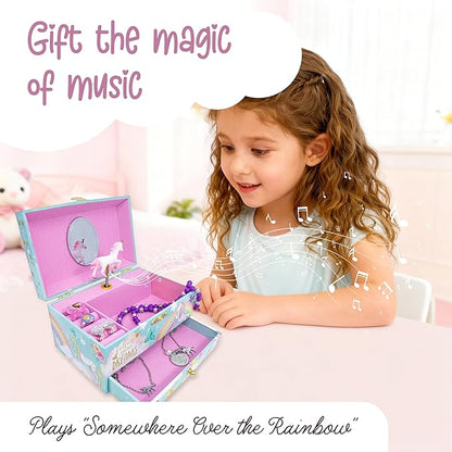 The Memory Building Co Unicorn Musical Jewelry Box Plays Classic Melody, Storage Organizer Music Box for Kids Ages 6-12, MDF Wood w/ 2 Fabric Lined Ring Bracelet Necklace Treasure Compartments