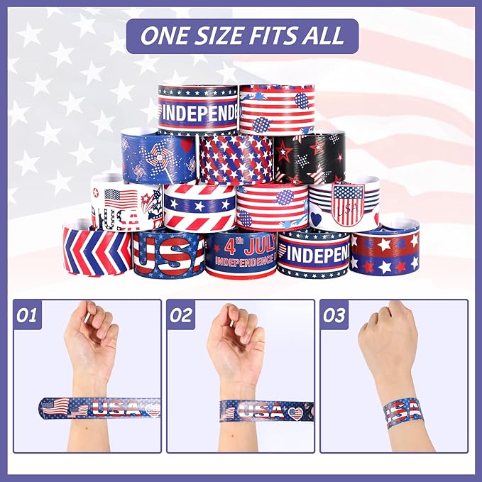 MGparty 48pcs 4th of July Slap Bracelets Toys for Kids 4th of July Party Favors Supplies Patriotic Accessories Decorations