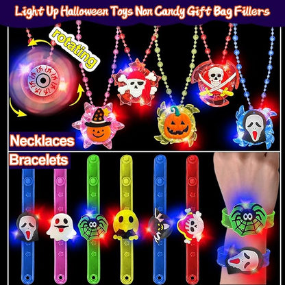 80 Pcs Halloween Party Favors for Kids Halloween Glow in the Dark Toys Rotating Spin Light Up Necklaces LED Bracelets Flash Rings Brooches Hair Lights Halloween Treats Gifts Bag Fillers Party Supplies