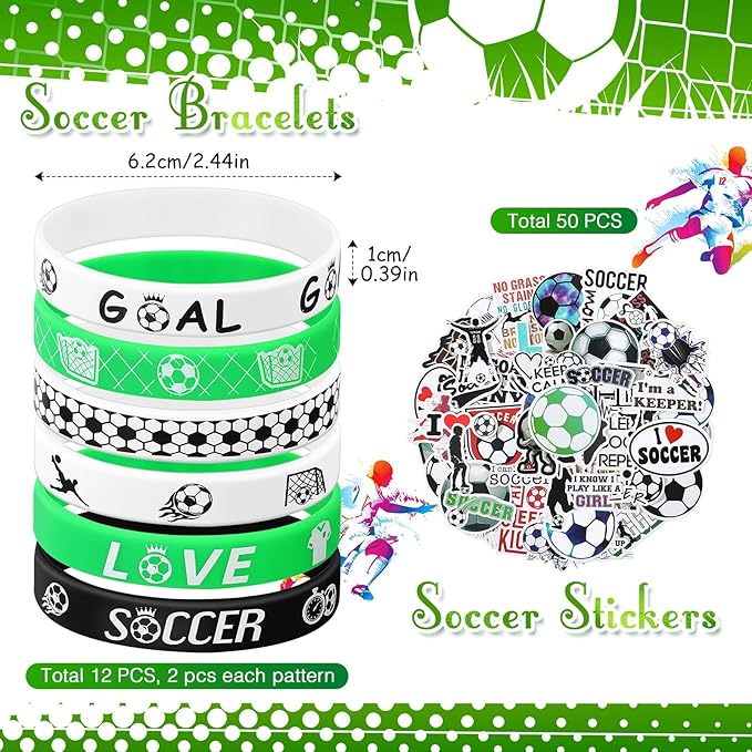 120 Pieces Sport Party Favors Set, Soccer Basketball Football Baseball Goodie Bag Fillers, Toy Whistle Silicone Bracelet Luminous Tattoo Sticker Keychain for Sports Party Supplies (Soccer Style)