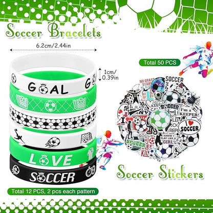 120 Pieces Sport Party Favors Set, Soccer Basketball Football Baseball Goodie Bag Fillers, Toy Whistle Silicone Bracelet Luminous Tattoo Sticker Keychain for Sports Party Supplies (Soccer Style)