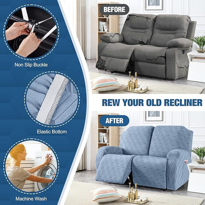 TAOCOCO Recliner Loveseat Cover, Stretch Jacquard Reclining Loveseat Cover Furniture Protector Sofa Slipcovers 2 Seat Recliner Covers with Elastic Bottom for Kids, Pets (Light Blue)