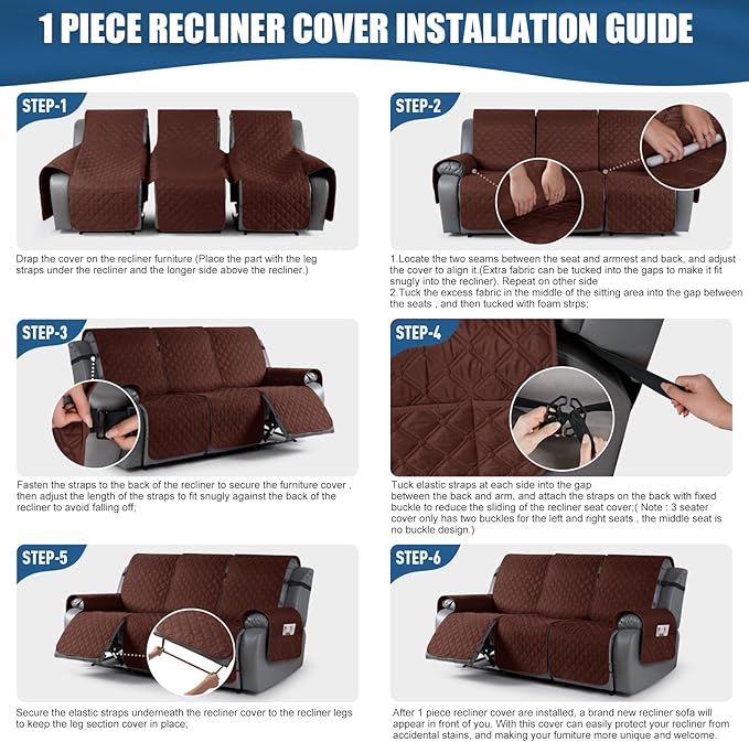 TAOCOCO 100% Waterproof Recliner Covers, Recliner Sofa Covers with Leg Straps, Reversible Recliner Couch Cover for Reclining Chair, Washable Couch Protector for Pets Kids(3 Seater, Coffee)