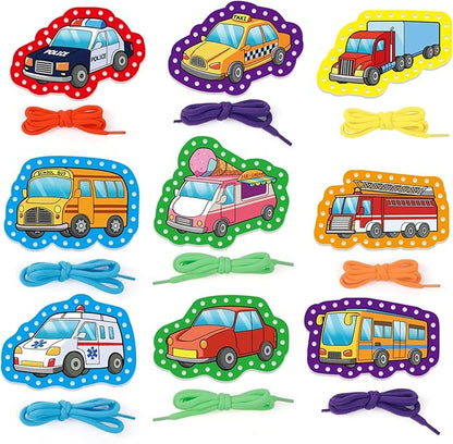 Aizweb Vehicle Lacing Cards,Sewing Kit for Toddlers, Fine Motor Skill Toys,Threading Toys for Preschoolers,Shoe Tying Practice Art and Craft for Kids Educational Kindergarten Learning Activities