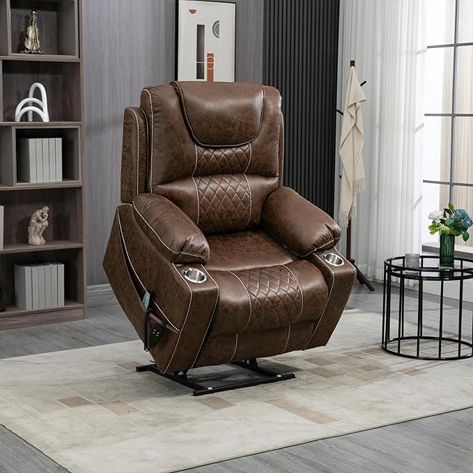 FANYE Electric Power Lift Chair for Elderly W/Massage and Heat, Infinite Positions 2 Remote Controllers Oversized Faux Leather Upholstered Recliner & Armchair W/Side Pockets & Cup Holders, Brown