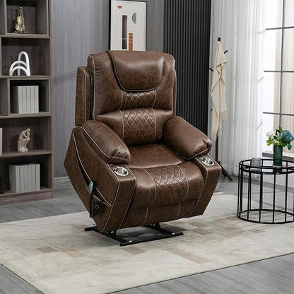 FANYE Electric Power Lift Chair for Elderly W/Massage and Heat, Infinite Positions 2 Remote Controllers Oversized Faux Leather Upholstered Recliner & Armchair W/Side Pockets & Cup Holders, Brown