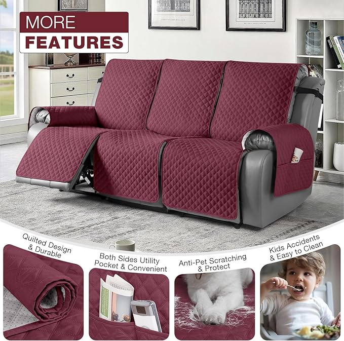 TAOCOCO Recliner Sofa Slipcover Couch Covers for 3 Cushion Couch, Pet Sofa Cover for 3 Seat Recliner Sofa, Washable Reclining Sofa Cover Furniture Protector with Elastic Straps(3 Seater, Wine)