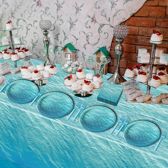 gisgfim Ocean Sea Birthday Party Supplies Ocean Waves Party Tableware Includes Ocean Birthday Party Plates Napkins Fork and Ocean Sea Theme Tablecloth for Birthday Parties Decorations Set Serve 20