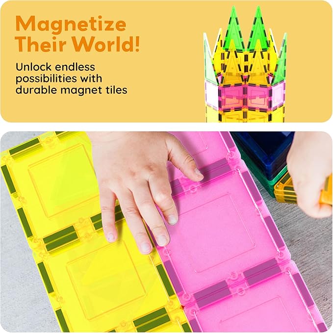 PicassoTiles Magnet Tile Building Block Set Magnetic Construction Square Triangle Tiles Toy Kit Sparking Creativity Geometric Shapes STEM Educational Learning Brain Development Kids Ages 3+ PB12