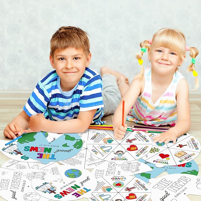 COcnny Religious Christian Craft Activities - 24 Sets John 3:16 Coloring Crafts for Kids, Color Your Own Bible Wheel Cards, DIY Jesus Biblical The Good News Art Paper Game for Sunday School Class Home