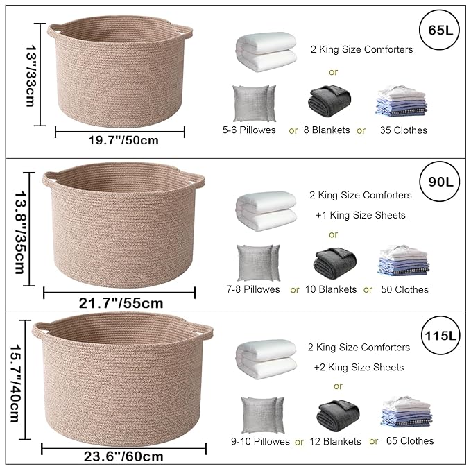 90L Large Blanket Basket,21.7"L x 21.7"W x 13.8"H Rope Woven Baskets with Handles,Brown Storage Bins,Laundry Basket Perfect for Living Room, Nursery,Bedroom,Home Organization