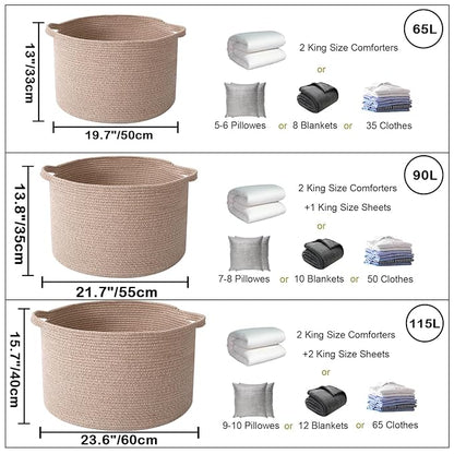90L Large Blanket Basket,21.7"L x 21.7"W x 13.8"H Rope Woven Baskets with Handles,Brown Storage Bins,Laundry Basket Perfect for Living Room, Nursery,Bedroom,Home Organization