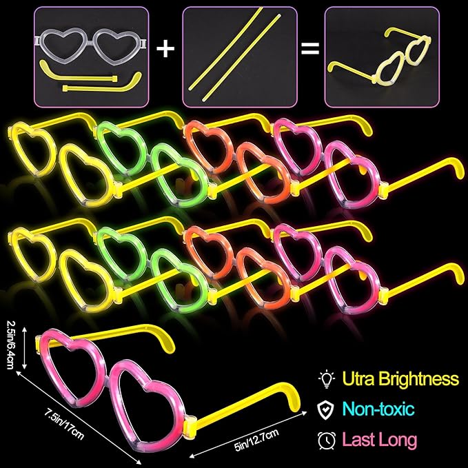 120Pack Glow in the Dark Party Favor,Glow Glasses with 100 8" Glow Sticks Bulk & Connectors,20 Glasses Mode for 20 Glow Heart Glasses 60 Glow Bracelet,8" Glowstick Neon Glow Toys for Kids & Adults