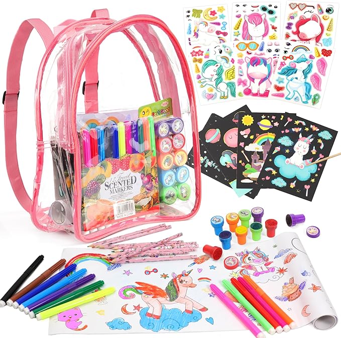 D-FantiX Unicorn Art Supplies Clear Backpack for Toddler, 51Pcs DIY Coloring Craft Kits with Scratch Art Paper and Stickers, Road Trip Activities for Kids, Creative Birthday Gift for Girls