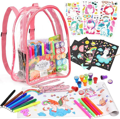 D-FantiX Unicorn Art Supplies Clear Backpack for Toddler, 51Pcs DIY Coloring Craft Kits with Scratch Art Paper and Stickers, Road Trip Activities for Kids, Creative Birthday Gift for Girls