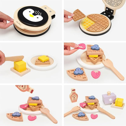 PairPear Wooden Waffle Maker Toy Food Playset, Kids Pretend Play Food Kitchen Accessories, Wooden Cooking Toy Baking Playset, Toddler Play Breakfast Brunch Tea Sets Cutting Food Gift for Girls Boys 3+