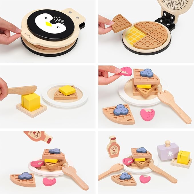 PairPear Wooden Waffle Maker Toy Food Playset, Kids Pretend Play Food Kitchen Accessories, Wooden Cooking Toy Baking Playset, Toddler Play Breakfast Brunch Tea Sets Cutting Food Gift for Girls Boys 3+