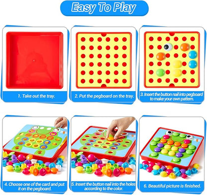 Geekper 68PCS Button Art Toys for Toddlers Color Matching Mosaic Pegboard, Early Learning Educational Toys for 3, 4, 5, 6 Year Old Kids Boys and Girls, 10 Pictures and 58 Buttons