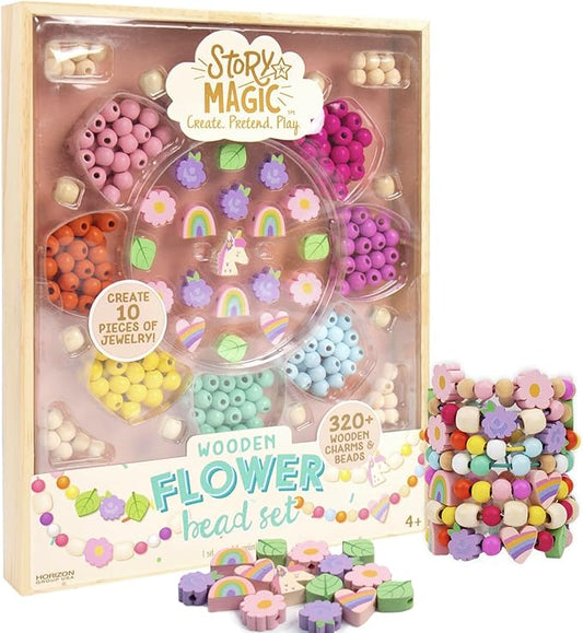 Story Magic Wooden Flower Bead Set, Over 300 Large Hole Wood Beads & Charms for Beading Bracelets, Bracelet Making Kit, Flower Bracelet Kit, Whimsical Bracelet Charms, Storage Tray Included, Ages 4+