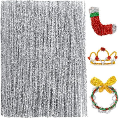 Praisebank Pipe Cleaners for Crafts (200pcs in Silver Glitter), Glitter Pipe Cleaners, 12 inch Long Pipe Cleaners, Christmas Pipe Cleaners.