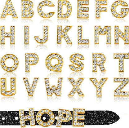 104 Pieces 8 mm Full Rhinestones Slide Alphabet Letters A-Z DIY Letters Charm for Wristbands Bracelets Necklace Choker Jewelry Making Charms Supplies, Gold