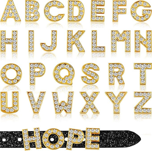 104 Pieces 8 mm Full Rhinestones Slide Alphabet Letters A-Z DIY Letters Charm for Wristbands Bracelets Necklace Choker Jewelry Making Charms Supplies, Gold