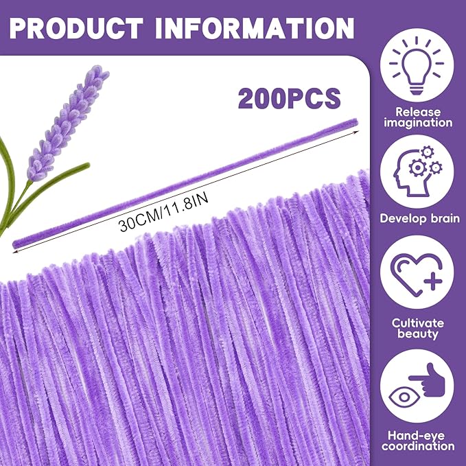 200 Pcs Pipe Cleaners Chenille Stems, Purple Pipe Cleaners, 11.8inch Long Craft Pipe Cleaner Bulk for Flowers Making, Mother’s Day DIY Art Crafts Decorations Supplies (Purple)