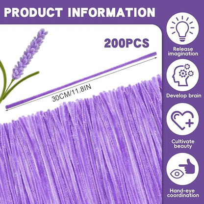 200 Pcs Pipe Cleaners Chenille Stems, Purple Pipe Cleaners, 11.8inch Long Craft Pipe Cleaner Bulk for Flowers Making, Mother’s Day DIY Art Crafts Decorations Supplies (Purple)