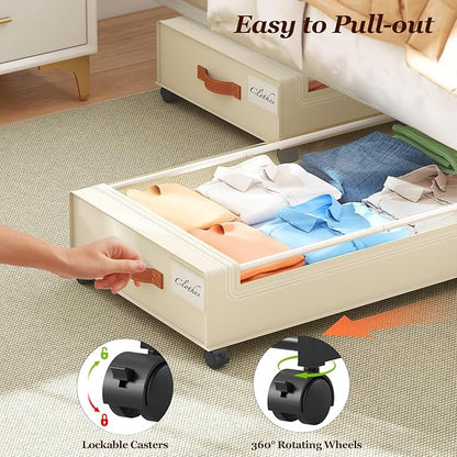 Yecaye Under Bed Storage with Wheels 2 Pack, 85L Extra Large Under Bed Storage Containers with Metal Frame & Clear Lid, Rolling Underbed Organizer Bins Drawers for Clothes, Shoes, Blankets, Beige