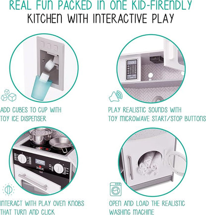 Lil' Jumbl Kids Corner Kitchen Set, Pretend Wooden Deluxe Play Kitchen, Battery Operated Icemaker, Stovetop & Faucet with Realistic Sound - Grey