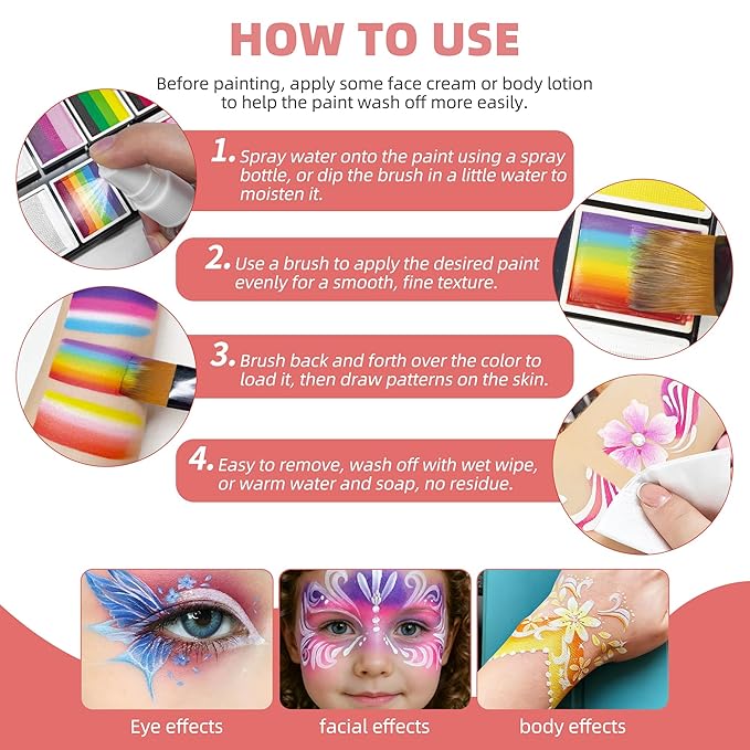 WUO Professional Face Painting Kit for Kids Adults, 12x10g Split Cake Palette with Stencils Sponge, Non-Toxic Water-Activated Rainbow Body Face Paint Makeup for Halloween Christmas & Costume Partie