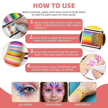 WUO Professional Face Painting Kit for Kids Adults, 12x10g Split Cake Palette with Stencils Sponge, Non-Toxic Water-Activated Rainbow Body Face Paint Makeup for Halloween Christmas & Costume Partie