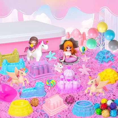 Unicorn Sensory Bin, 47Pcs Sandbox Play Sand Set Sensory Bins for Kids Toddlers Sensory Toys with Magic Sand, Unicorns, Castle Moulds, Mermaid, Tools, Sand Art Kit for Girls Ages 3 4 5 6 7 8 Gift