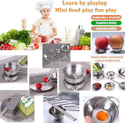 Tiny Classic Stainless Steel Kitchen Toys Cooking Utensils Set-Pretend Play Pots Pans Toy Cookware Kits for Kids Cooking Utensil Set Interactive Learning Role Play Educational Toys for Kids Mini Size