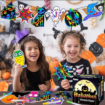 Garma Scratch Paper Craft for Kids - 36 Pcs Halloween Magic Rainbow Scratch Paper Off Cards Set for Kids Crafts Arts Supplies Halloween Ornaments Party Games Classroom Activities Birthday Gifts