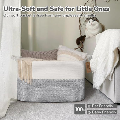 Goodpick Woven Storage Baskets for Organizing 22”x17”x12” Large Blanket Basket for Living Room Home Decor, Rectangle Rope Toy Basket for Kids, Gift Baskets Empty with Handles, Gray