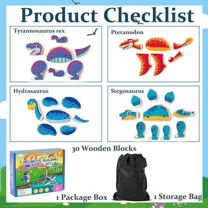 Dinosaur Snap Building Toys - Dinosaurs Snap Together Wooden Build Blocks Kits, Happy Little Animals Game, Educational Learning Wood Magnetic Take Apart Playset Toy, Birthday Gifts for Kids