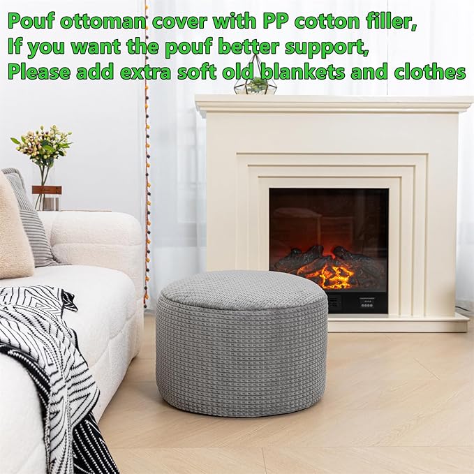 Pouf Ottoman Stuffed 20x20x12 Inches Floor Pouf Plush Fiber Ottoman Foot Rest Under Desk Foot Stool for Living Room Bedroom (Gray Pouf with Filler)