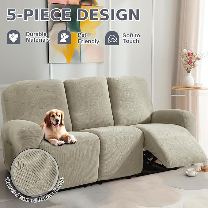 JIVINER Recliner Couch Cover, Jacquard 5 Piece Stretch Sofa Covers for 3 Cushion Reclining Lazy Boy Soft Washable Sofa Slipcovers Protector with Pockets (Recliner Sofa, Khaki)