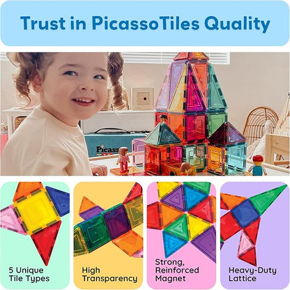 PicassoTiles Magnetic Tiles 60pcs Kids Toys Classroom Sensory Toy for Toddlers STEM Learning Building Blocks, Montessori Pretend Play Magnet Tile Construction Stacking Block Boys Girls Ages 3+ PT60