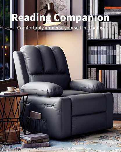 27'' Leather Recliner Chair Oversized, Overstuffed Manual Recliner Chair, Single Sofa for Adults, with Cup Holder and Side Pockets, for Living Rooms, Max Weight 400 lbs, Gray