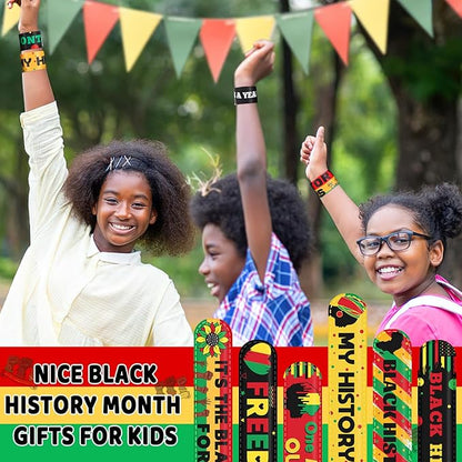 JUNEBRUSHS 56Pcs Black History Month Slap Bracelets, Black History Month Wristbands Bracelets Bulk for Kids Adult Black History Month Party Favors Accessories Gifts Decorations