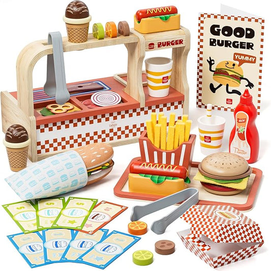Lehoo Castle Wooden Play Food Sets, Toy Food for Kids Ages 4-8, Play Food Sets for Kids Kitchen, Play Hamburger Counter Shop, Fake Food Pretend Play for Toddlers 3-5